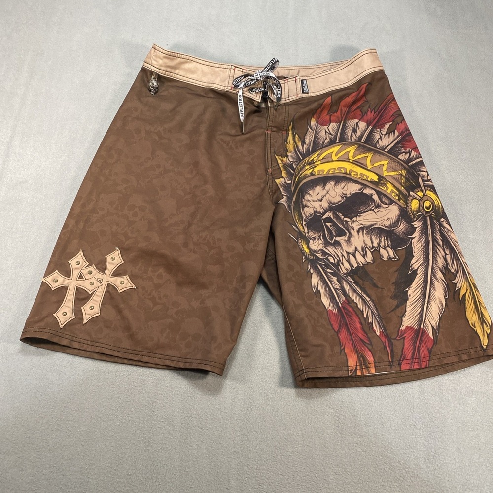 Affliction Board Shorts Mens 36 Brown Gothic Cross Eagle Skull Surf Swim Trunks